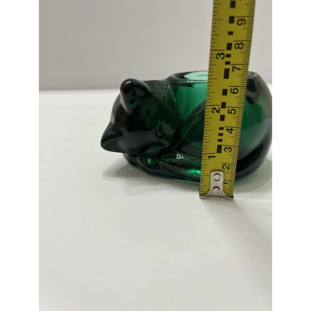Vintage Indiana Glass Emerald Green Sleeping Cat Votive Candle Holder 4x2.5